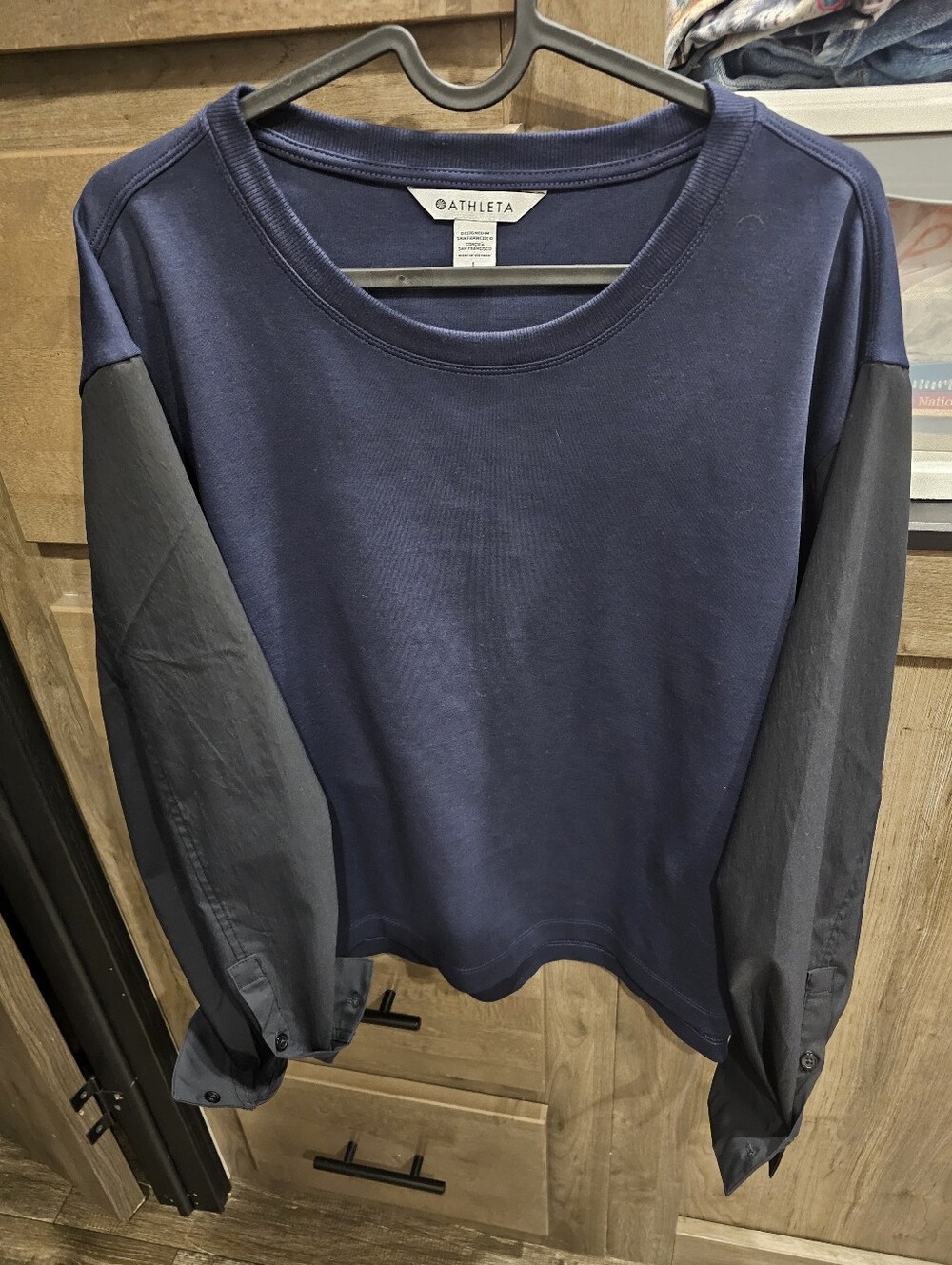 Athleta Navy Blouse with Black Contrast Sleeves